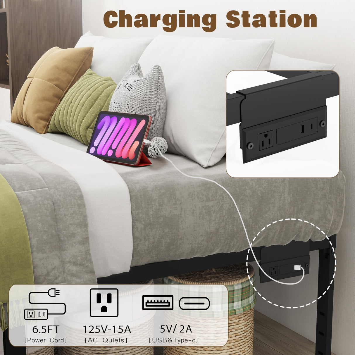 HusDream Queen Bed Frame Led Metal Platform Bed Frame Queen Size with Lights 14” Heavy Duty Bed Frame Lights Queen with Charging Station no Box Spring Needed(14 Inch, Queen (U.S. Standard)) HusDream