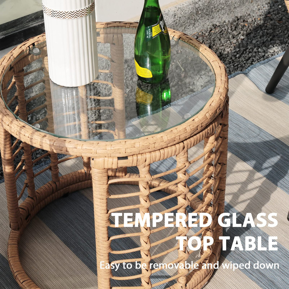 JOIVI 3 Piece Patio Bistro Set, Wicker Outdoor Patio Set with Enhanced Comfort Seating, Round Glass Top Coffee Side Table, Patio Rattan Conversation Set for Balcony, Lawn, Garden, Backyard, Black JOIVI