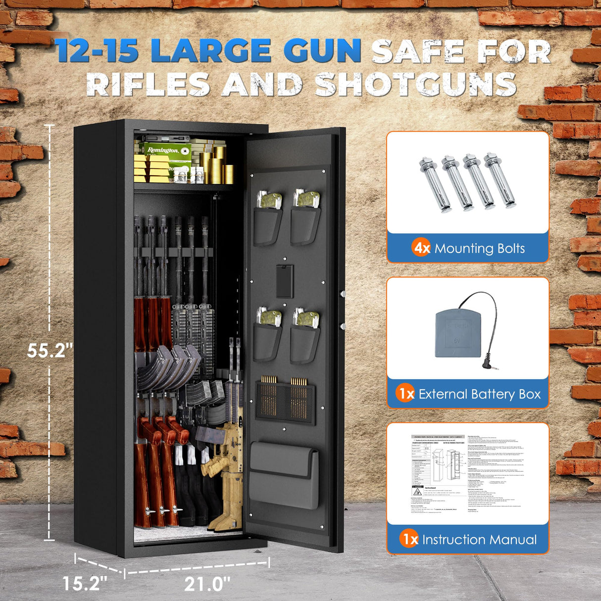 INTERGREAT 12-15 Gun Safe, Long Gun Safe for Rifle and Pistols, Large Gun Cabinet Safe with Removable Gun Racks, Digital Gun Cabinet with Multifunction Lock, 4 Pistol Pockets INTERGREAT