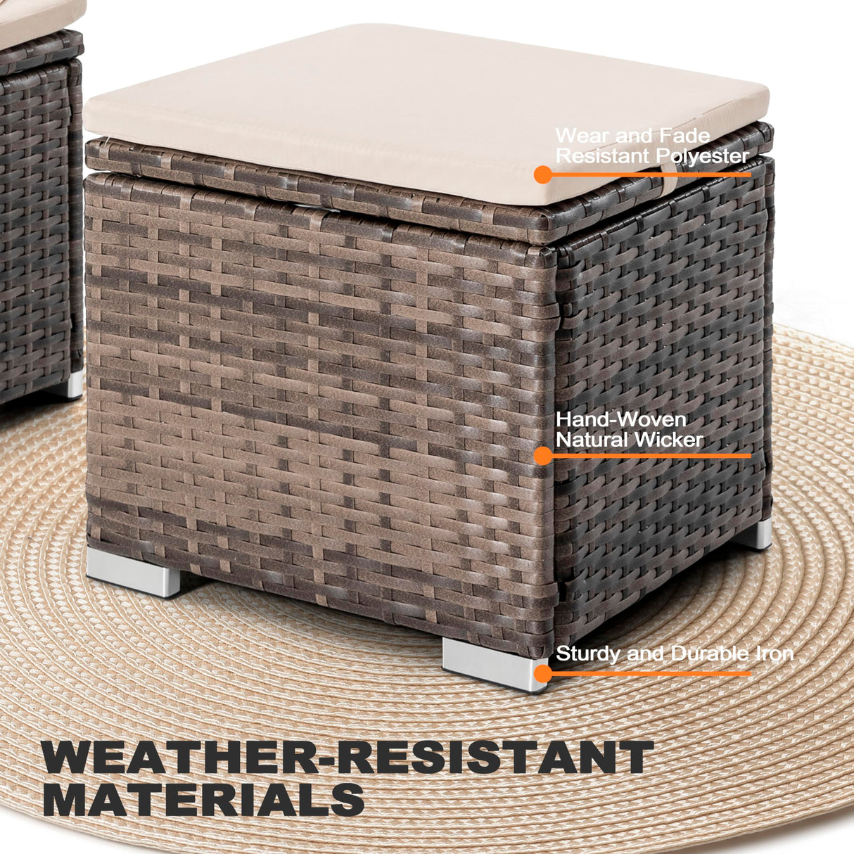 NUU GARDEN Outdoor 2 Piece Outdoor Patio Ottoman, All Weather Rattan Wicker Ottoman Seat, Outdoor Footstool Footrest Seat with Removable Cushion, for Patio, Backyard, Side Table, Brown and Beige NUU GARDEN