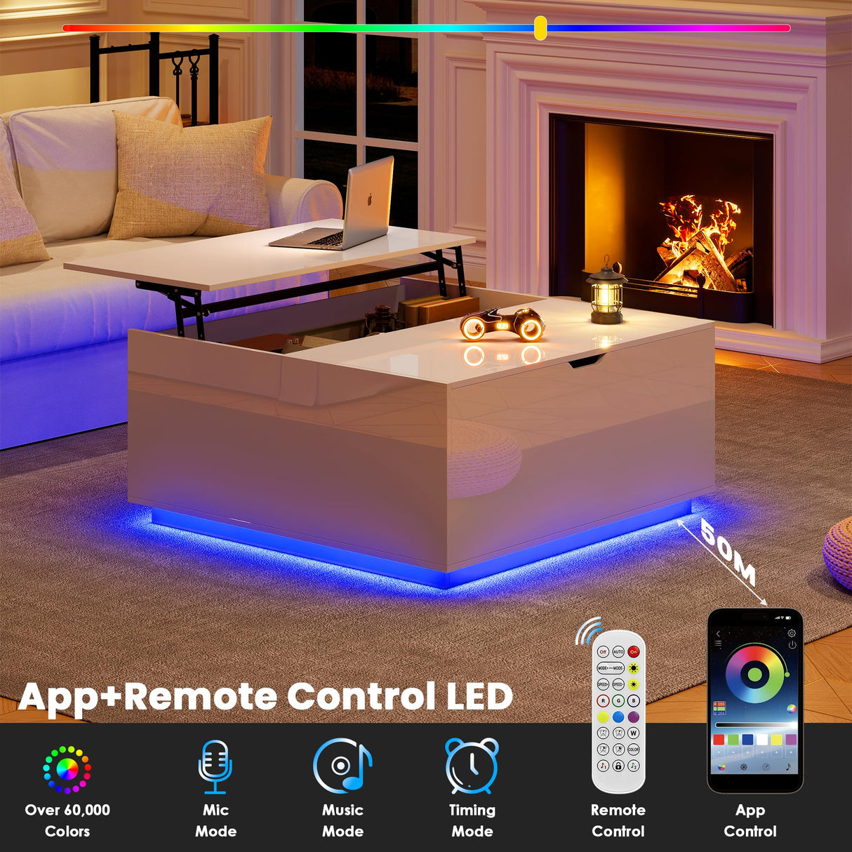 High Gloss Coffee Table with Storage,White Square Lift Top Coffee Tables with LED & Flip Lid, Small Modern Coffee Table for Living Room with Drawer HAIOOU