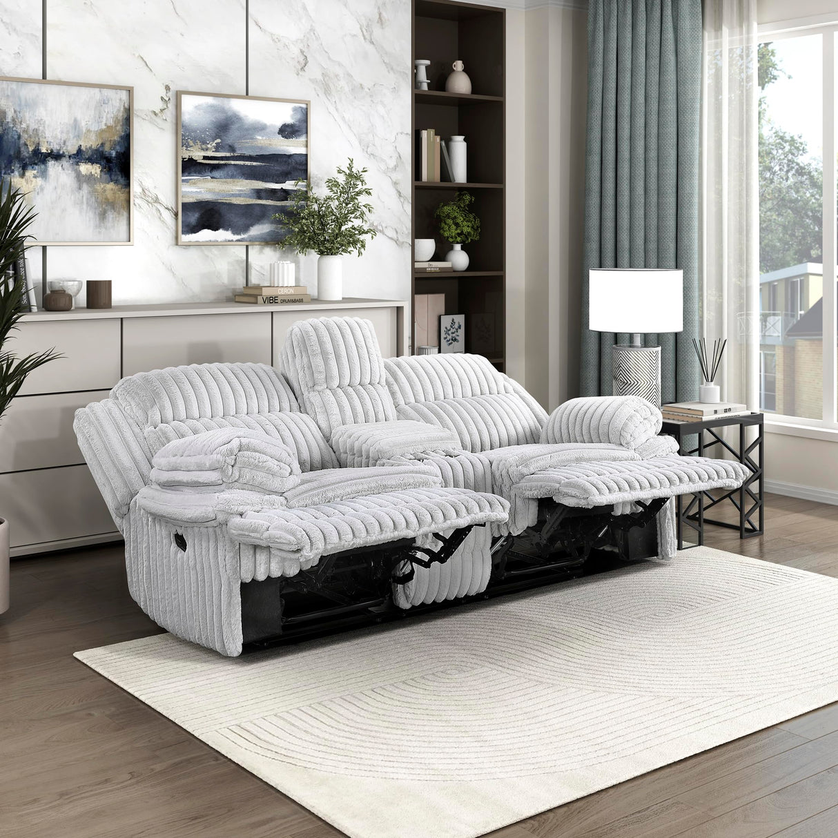 Lexicon Manual Double Reclining Loveseat with Center Console, Corduroy Manual Wall Hugger Recliner Couch, Pillow Top Arms, Cup Holders, Hidden Storage, Cozy Loveseat for Living Room, Gray Lexicon