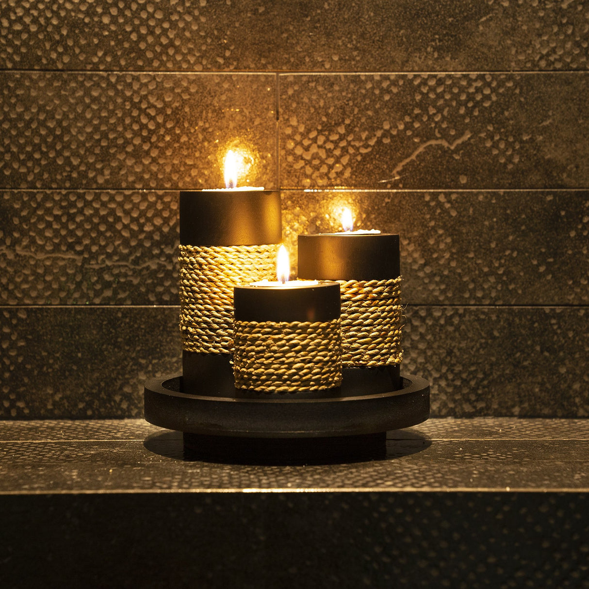 IYARA CRAFT Tealight Candle Holders with Candle Tray Set of 3 Decorative Candle Holders Matte Wood Finish with Small Rope Decoration IYARA CRAFT