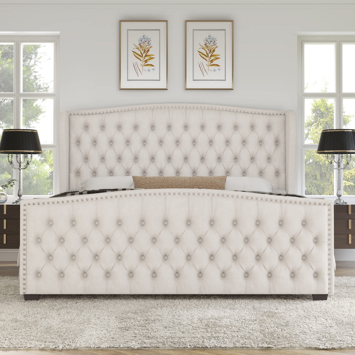 AMERLIFE King Size Platform Bed Frame, Velvet Upholstered Bed with Deep Button Tufted & Nailhead Trim Wingback Headboard/No Box Spring Required/Cream AMERLIFE