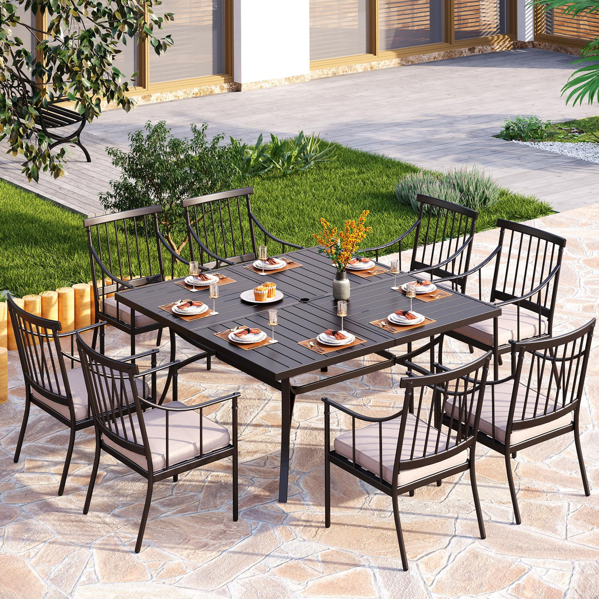 PHI VILLA 9 Pieces Outdoor Dining Set for 8, 60” Square Wrought Iron Dining Table & Heavy-Duty Steel Chairs with Cushions, Large Dining Furniture Set for Patio, Deck, Yard, Porch PHI VILLA