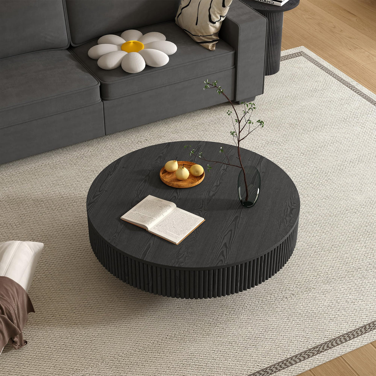 Apicizon 31.5'' Black Round Fluted Coffee Table for Living Room, Mordern Wood Coffee Table, Drum Coffee Table for Small Space, Center Accent Table, Mid-Century End Table for Apartment Apicizon