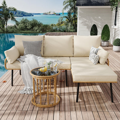 IDEALHOUSE 3-Piece Patio Furniture Set, All Weather Rattan Sofa with Tempered Glass Coffee Table and Thick Cushions, Sectional L-Shaped Patio Furniture for Deck, Poolside, Backyard, or Porch, Beige
