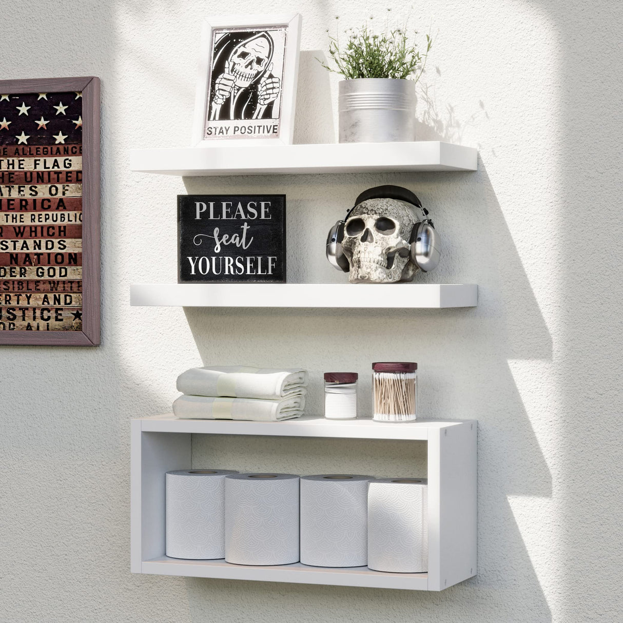 RICHER HOUSE White Floating Shelves Set of 3, Modern Bathroom Shelves Wall Mounted Shelves for Wall Decor, Over Toilet White Wall Shelves for Bathroom Bedroom, Living Room, Kitchen RICHER HOUSE