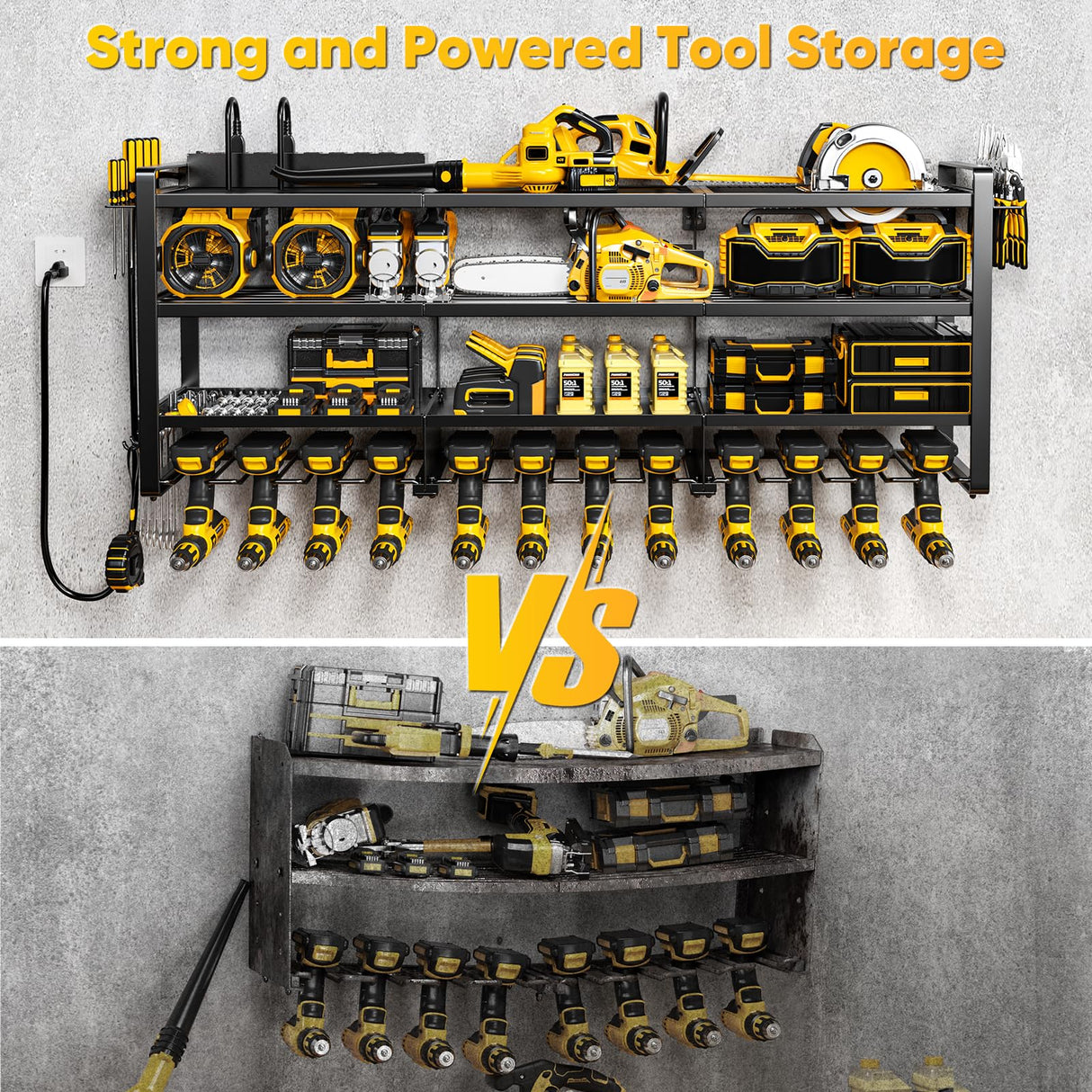 POKIPO 49.5" W Large Power Tool Organizer Wall Mount with Charging Station, 4-Tier Heavy Duty12 Cordless Drills Holder Load 600 lb, Tool Battery Storage Rack Built in 8 Outlet Power Strip for Garage POKIPO