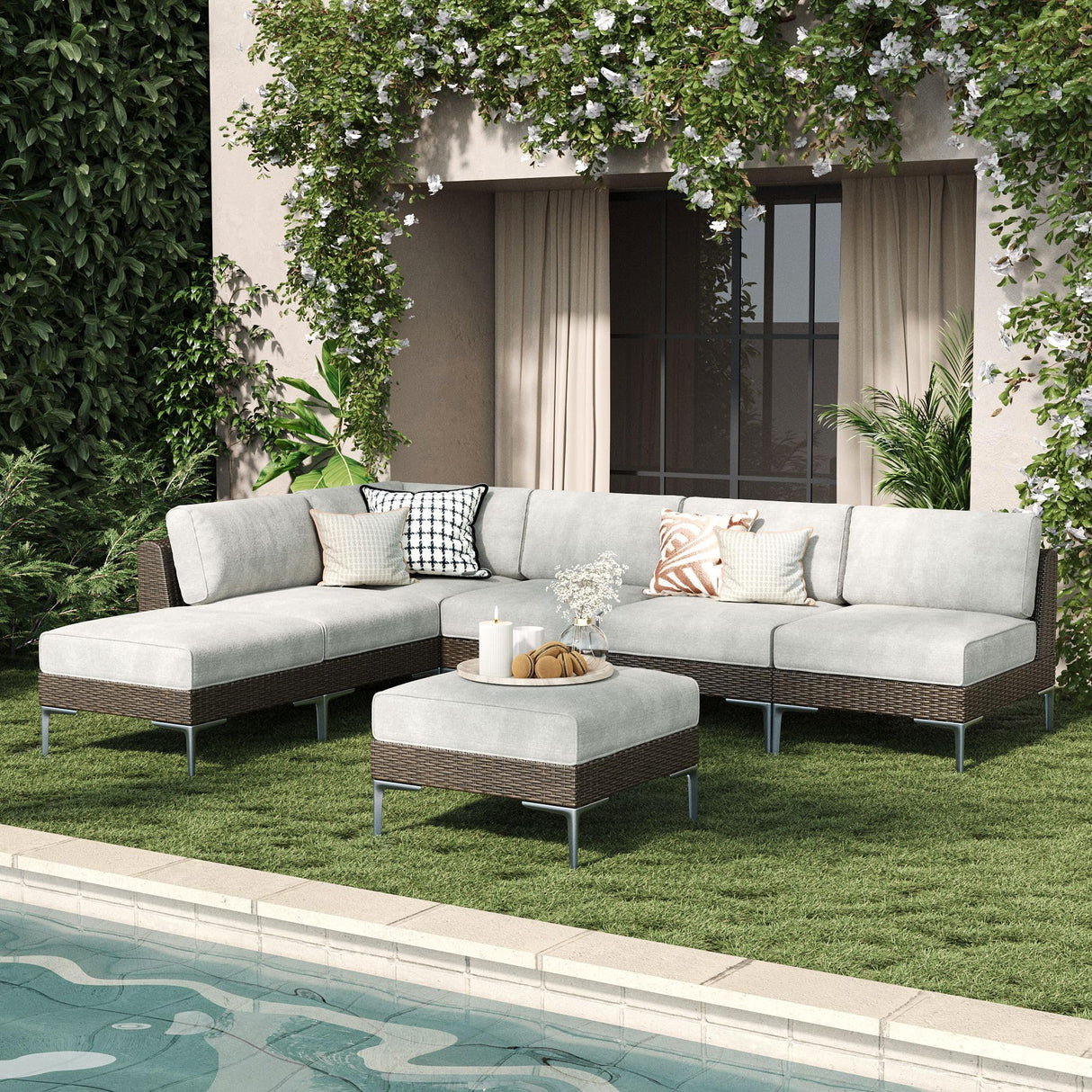 LayinSun 7-Piece Wicker Rattan Patio Furniture Set, Deep Seating Outdoor Modular Sectional Sofa Conversation Set with Thick Cushions for Lawn, Garden LayinSun