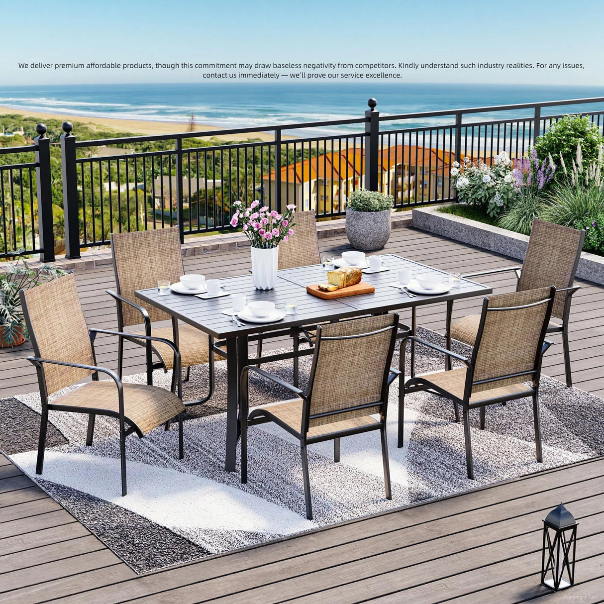 BUPPLEE 7-Piece Outdoor Patio Dining Set - 6 Stackable Texlin Sling Chairs & 63" Steel Table, Weatherproof Low-Maintenance Furniture for Backyard/Balcony/Poolside, Includes 1.57"-1.97" Umbrella Hole BUPPLEE