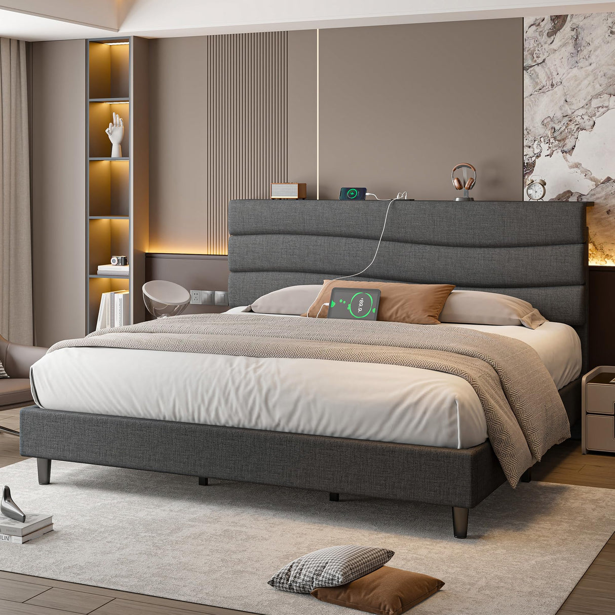 EnHomee King Size Bed Frame with Fabric Upholstered Headboard, King Bed Frame with Storage Headboard and Charging Station, Wooden Slats Support, No Noise, No Box Spring Needed, Easy Assembly, Grey EnHomee