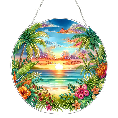 JJFox Diamond Art Hanging Kit for Adult,Special Shaped Rhinestone,Double Sided DIY Acrylic 5D Diamond Art Painting Window Pendants Home Garden Wall Hanging Kits Hanging Ornament (Summer Beach)