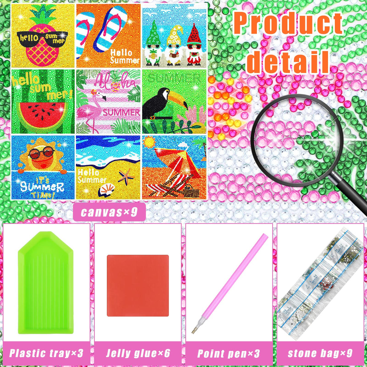 Charniol 9 Pcs Summer Diamond Painting Kits Flamingo Pineapple Watermelon Full Round Drill Diamond Craft Handmade Square Drill Diamond Painting Art Diamond for Aloha Party Tropical Decoration Charniol