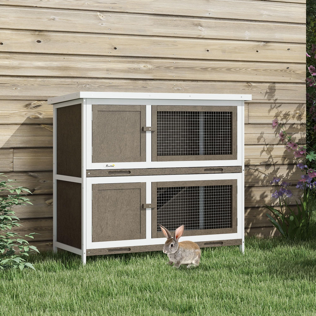 PawHut Wooden Bunny Rabbit Hutch, Small Animal Habitat with Ramp, Removable Tray & Weatherproof Roof, Indoor/Outdoor, Brown PawHut
