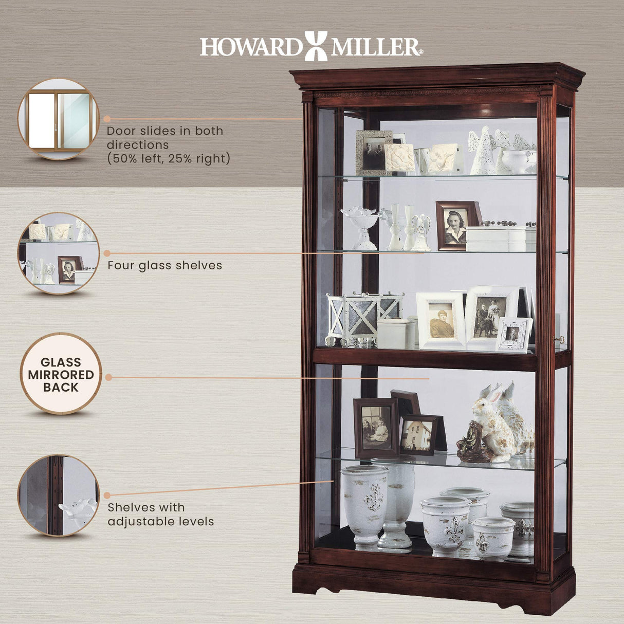 Howard Miller Dublin Curio Cabinet 680-337 – Windsor Cherry Finish Home Decor, Four Glass Shelves, Five Level Display Case with Locking Slide Door & Halogen Light Howard Miller