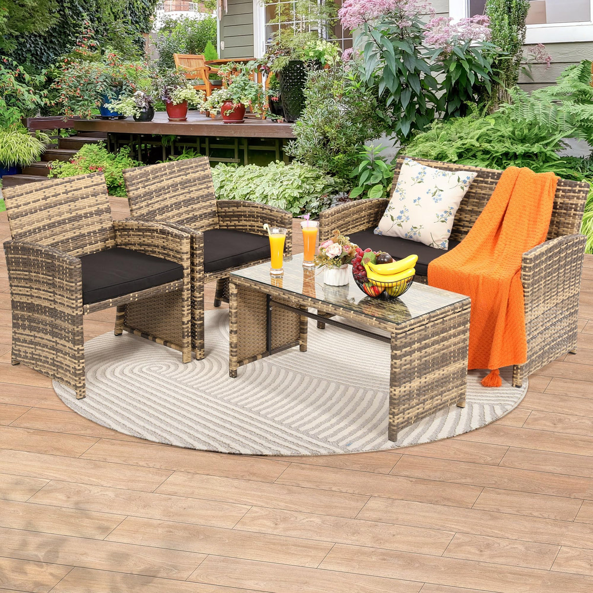 KROFEM 4 Pieces Rattan Patio Furniture Set,Outside Sectional Conversation Cushioned Sofa Set, Wicker Sofa Ideal for Garden, Porch, Backyard, Natural Rattan with Black Cushion KROFEM