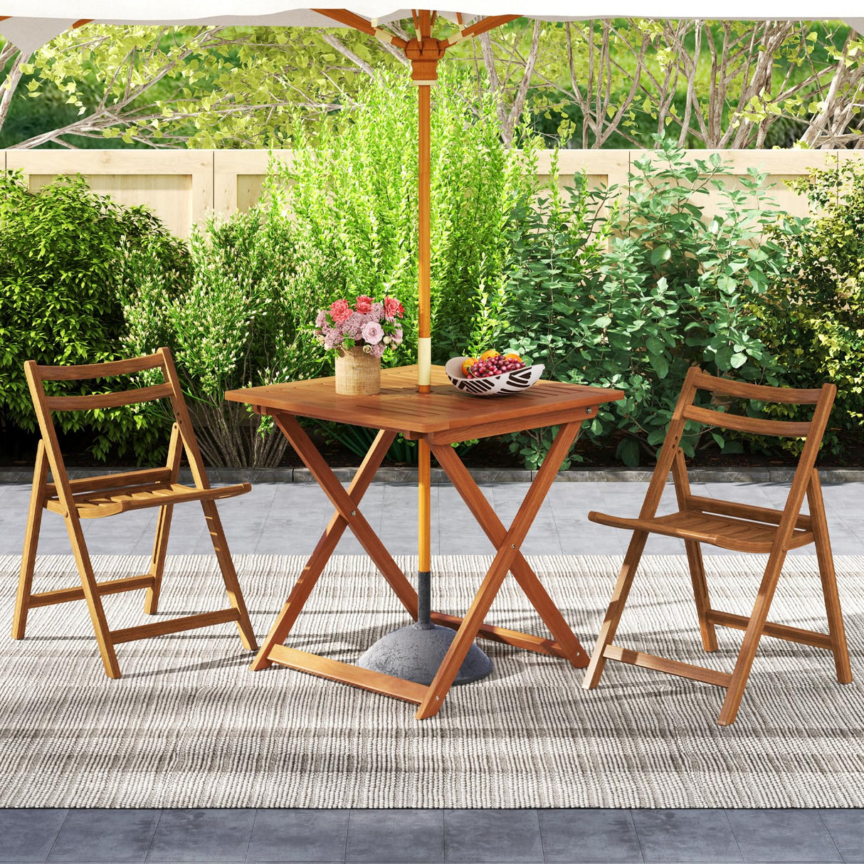 CLEEMAN Folding Outdoor Dining Table, Solid Wood Bistro Tables with 2" Umbrella Hole, Square Foldable Patio Table for Porch Balcony Deck Garden Yard, Teak Oil Finish CLEEMAN