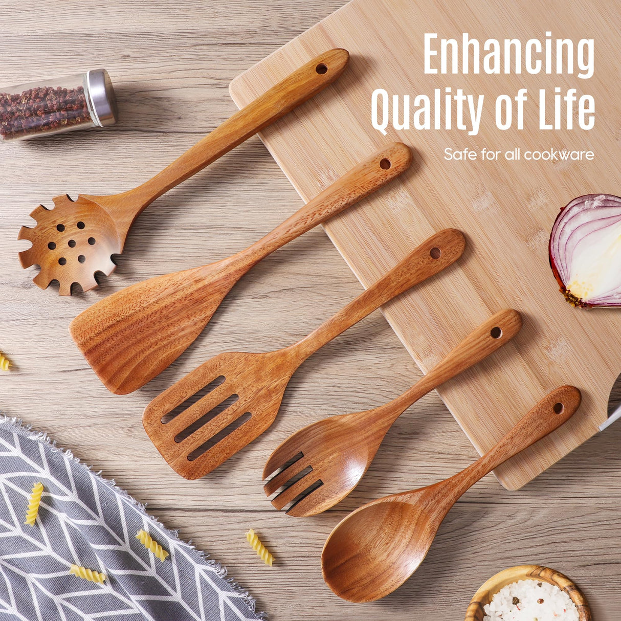 5 PCS Wooden Spoons for Cooking Natural Teak Kitchen Utensils Smooth Non-Stick Surface Cooking Utensils Set Soft Comfort-Grip Wooden Utensils for Cooking MULBOM