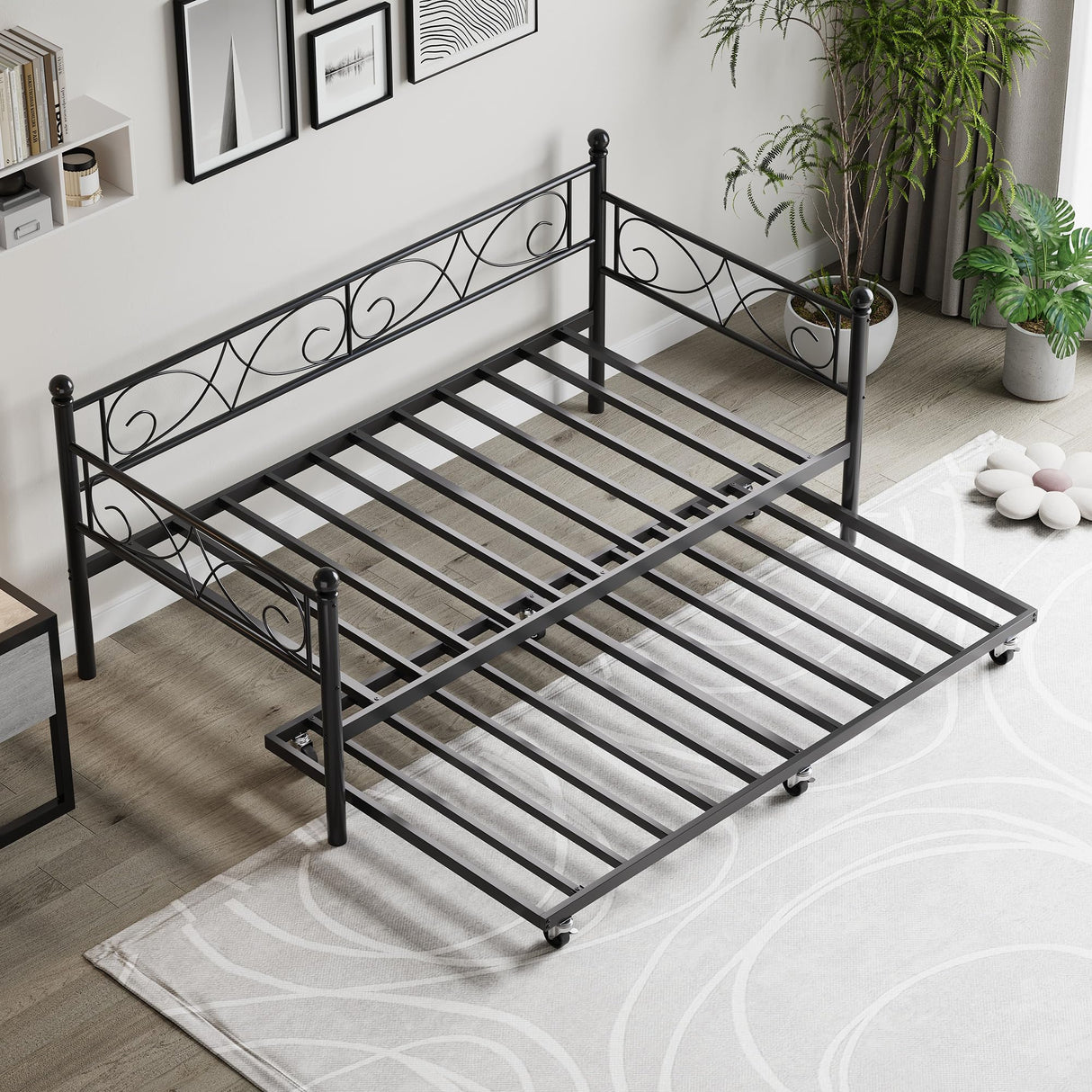 GarveeHome Daybed with Trundle Bed, Twin Size Day Bed with Floral Headboard, Metal Sofa Bed Frame with Pull-Out Trundle, Heavy Duty Steel Slats Supports, for Living Room, Guest Room, Modern Black GarveeHome
