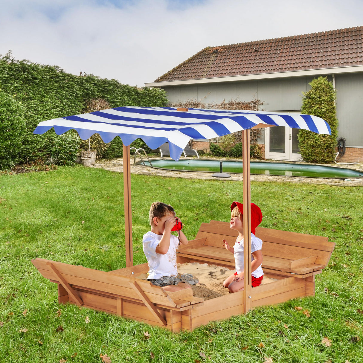 Kids Sandbox with Adjustable Cover and Foldable Bench Seats, 46''x46'' Outdoor Wooden Sandpit for Backyard Play SoliWood