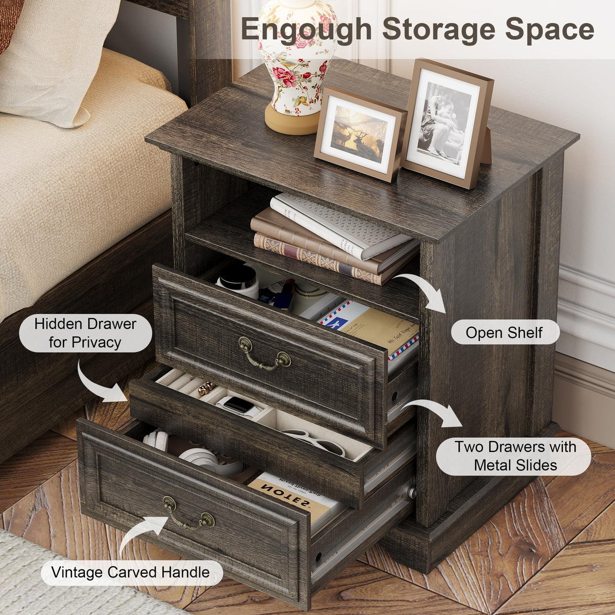 XIAO WEI Nightstand with Hidden Drawer, 25" Tall Farmhouse Bedside Table with 3 Drawers and 1 Open Shelf, Wood Rustic End Side Table, Small Dresser Drawers (Brownish Green Oak, 1PC) XIAO WEI