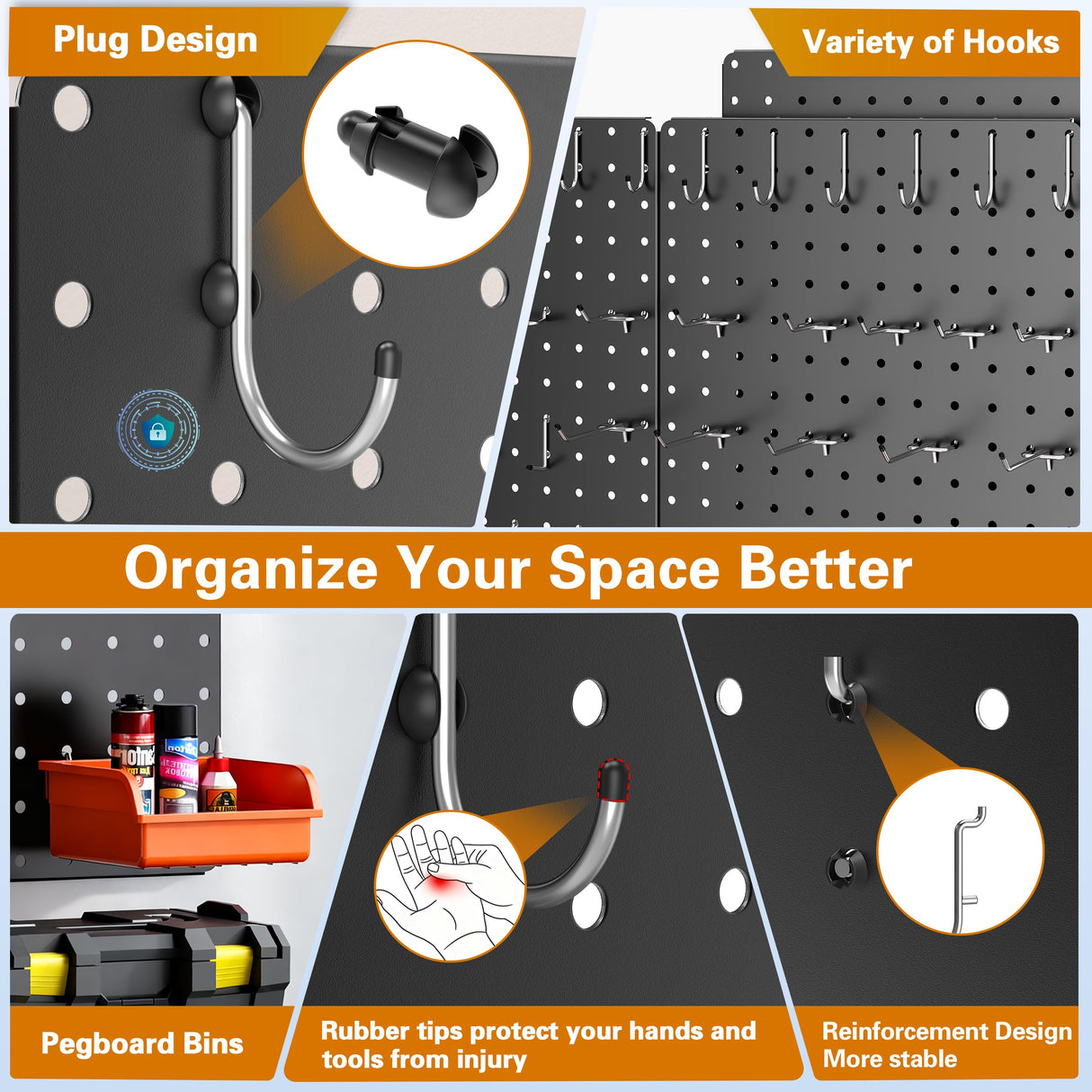 Hogurity Peg Board, 110pcs Metal Pegboard Kit, Includes 4 Pack Black Peg Board Panels with Accessories and Hook Locks, Large Heavy Duty Peg Boards for Walls Home, Garage Tool Storage, Workbench Hogurity