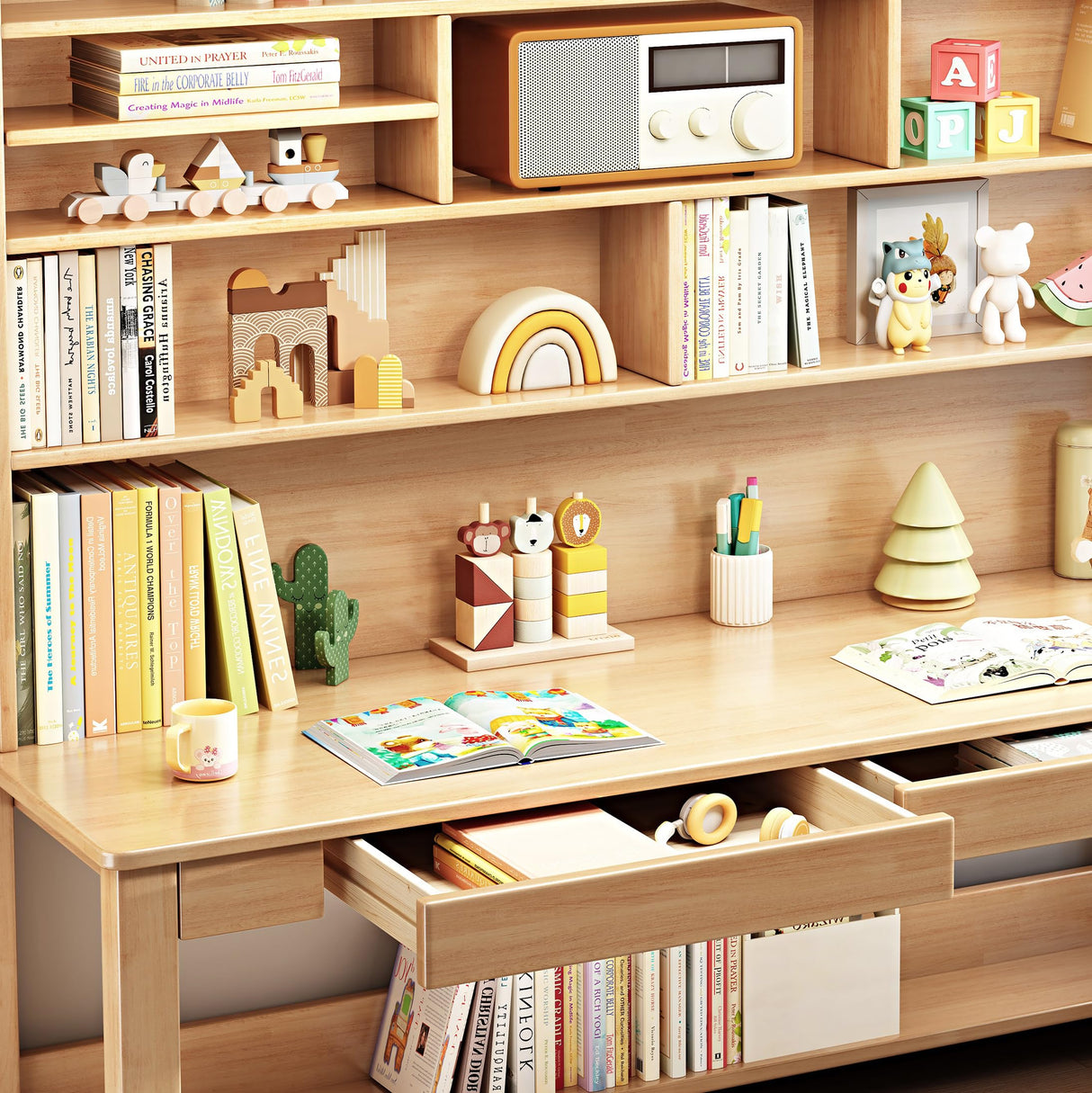 BALANBO Kids Desk Kids Table with Hutch for Children Wood Table Solid Wood Desk Two Positions Suitable for Two People Suitable for Children's Study Adult Home Office and Other Places(Natural) BALANBO