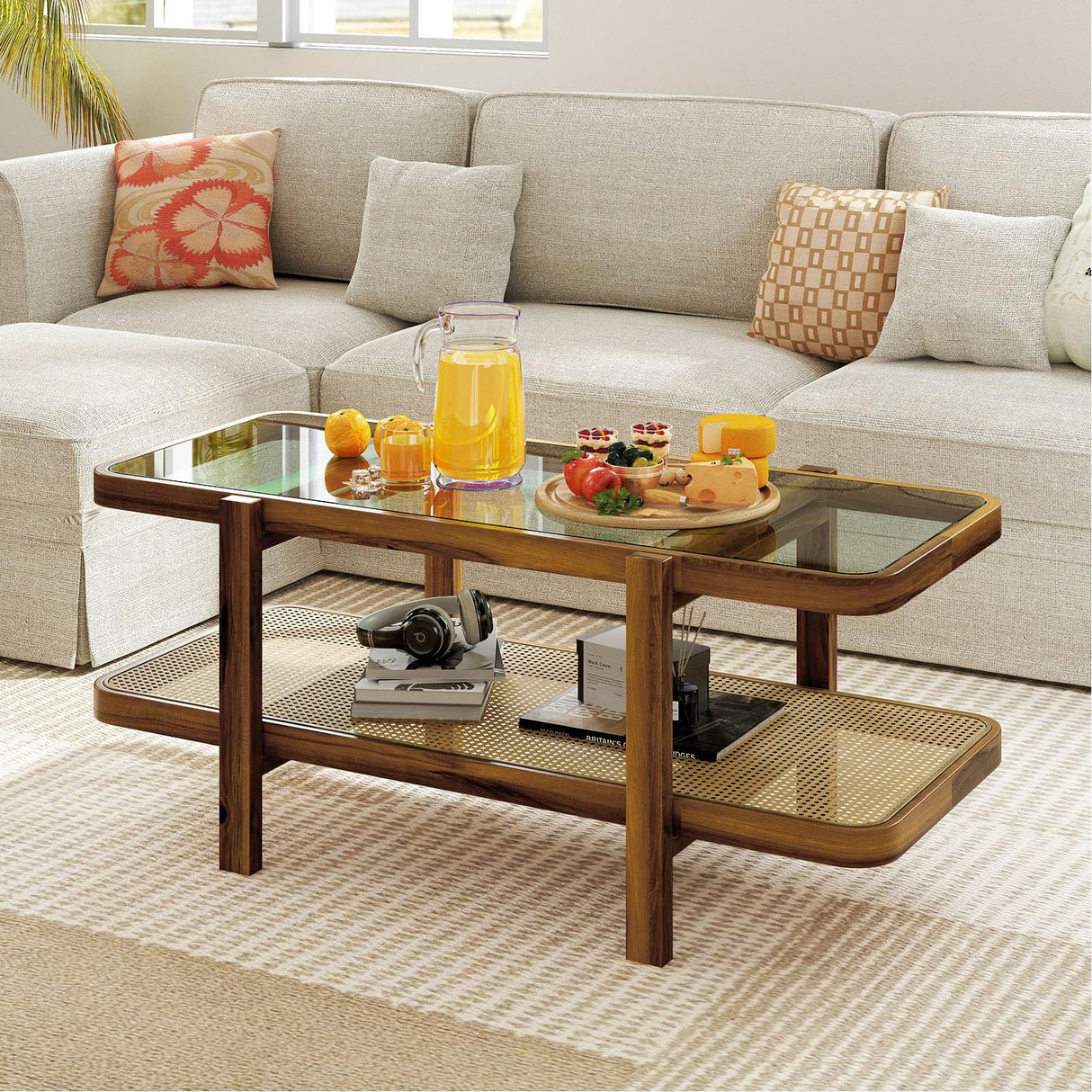 Tangkula Rattan Coffee Table, 47.5”L Boho Cocktail Tables, 2-Tier Center Table with Tempered Glass Tabletop, PE Rattan Shelf & Acacia Wood Frame, Mid Century Modern Tea Table for Living Room (Natural)