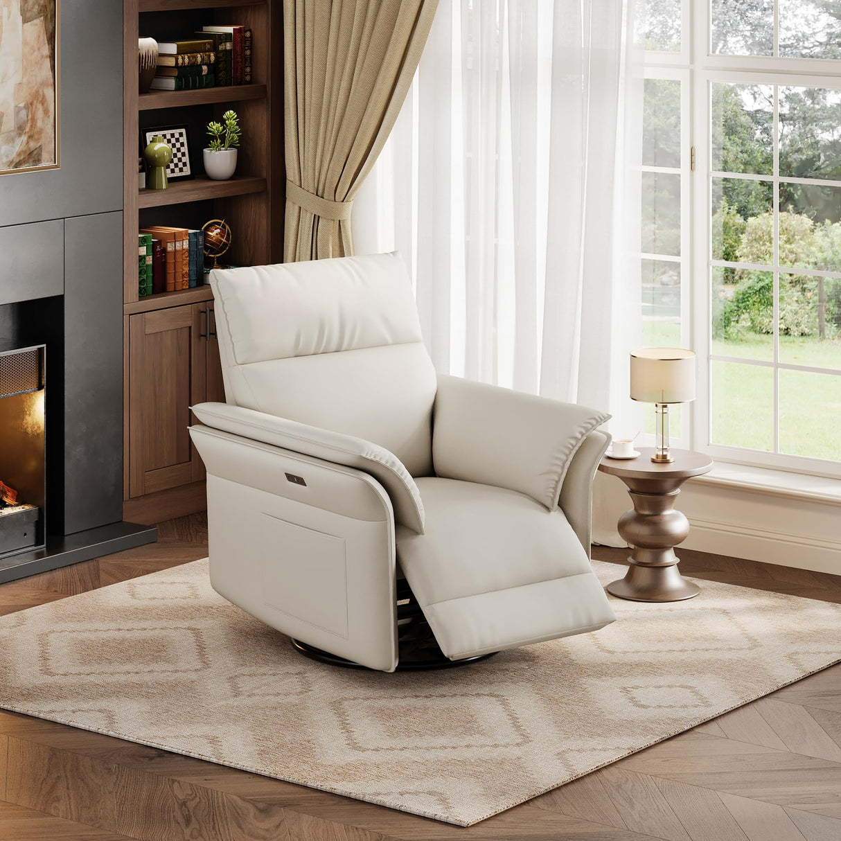 GarveeHome Power Recliner Chair Swivel Glider Upholstered Faux Leather Nursery Rocker Reclining Sofa Chair with Charging Port, Curved Armrests & Padded Backrest (White) GarveeHome