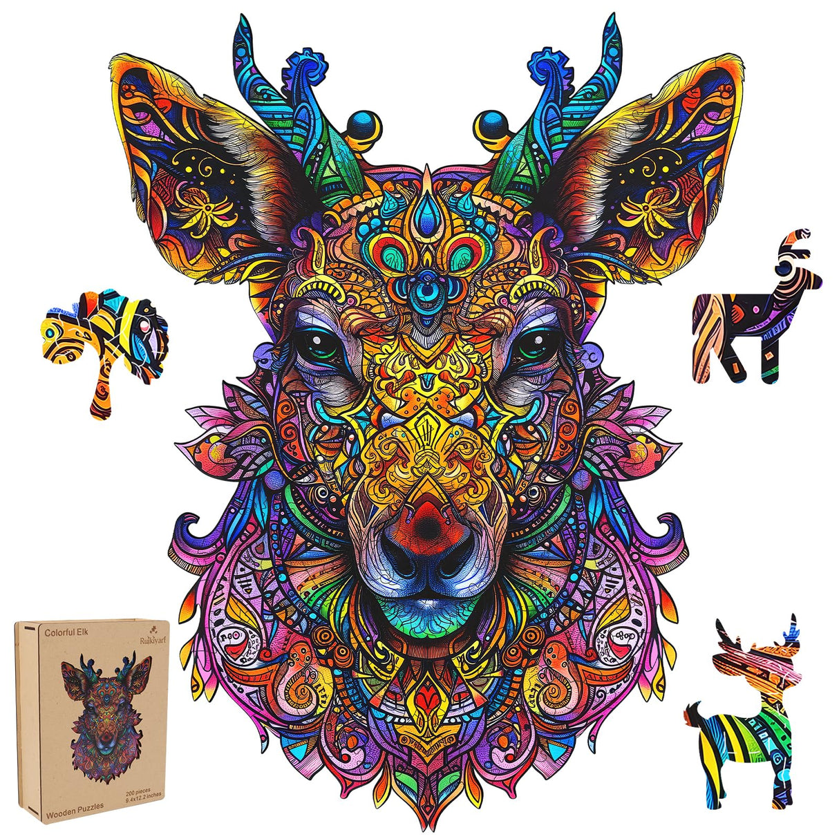 Ruikiyart Wooden Puzzles for Adults Mandala Deer Jigsaw Puzzles 200Pcs Unique Shapes Colorful Elk Animal Puzzles Fabulous Gift for Kids and Adults on Birthday,Thanksgiving,Christmas 9.4x12.2 Inches Ruikiyart