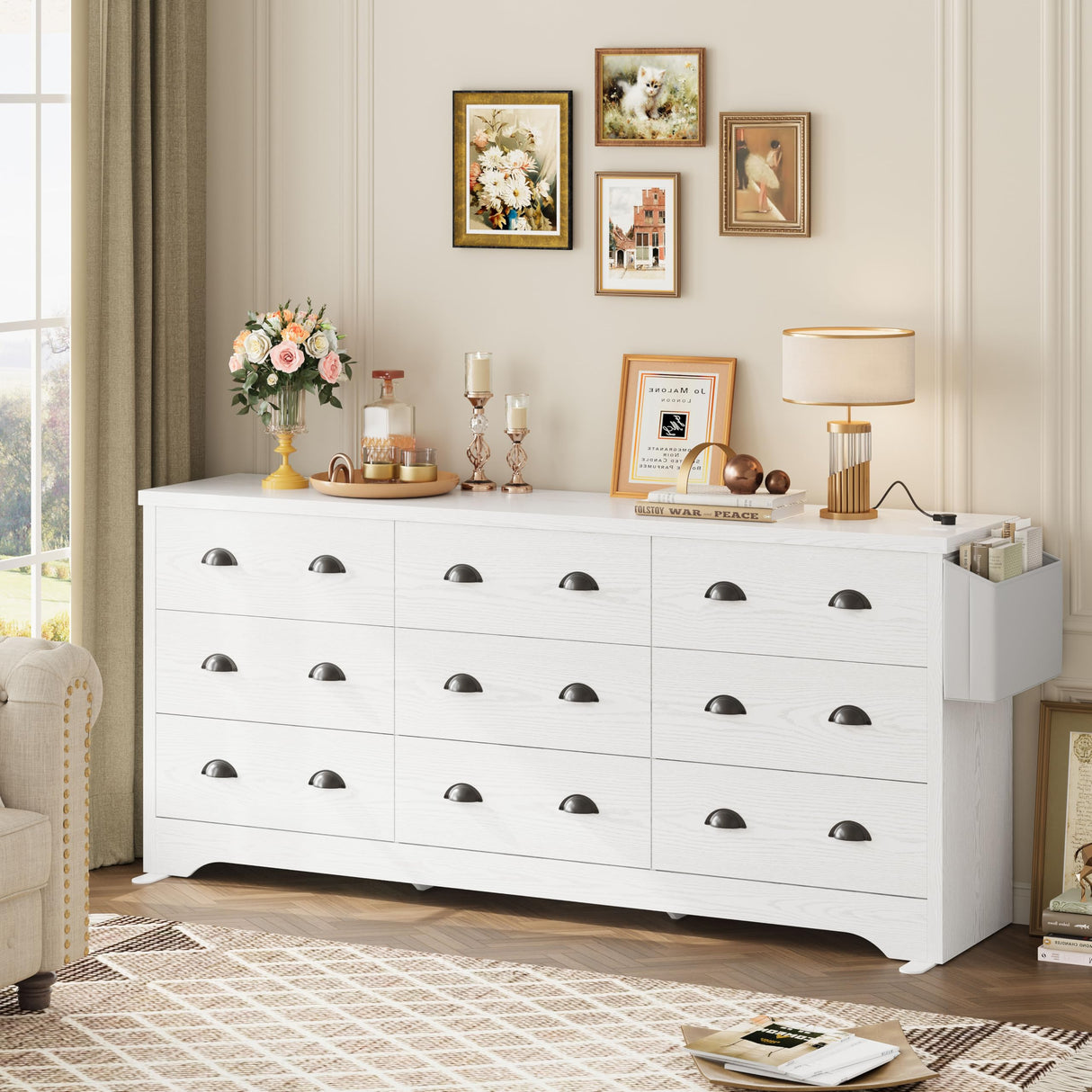 LIKIMIO Dresser 9 Drawer 63" W Long Wood Storage Chest of Drawers for Bedroom Living Room, Large Storage with Charging Station and Storage Bag, White LIKIMIO
