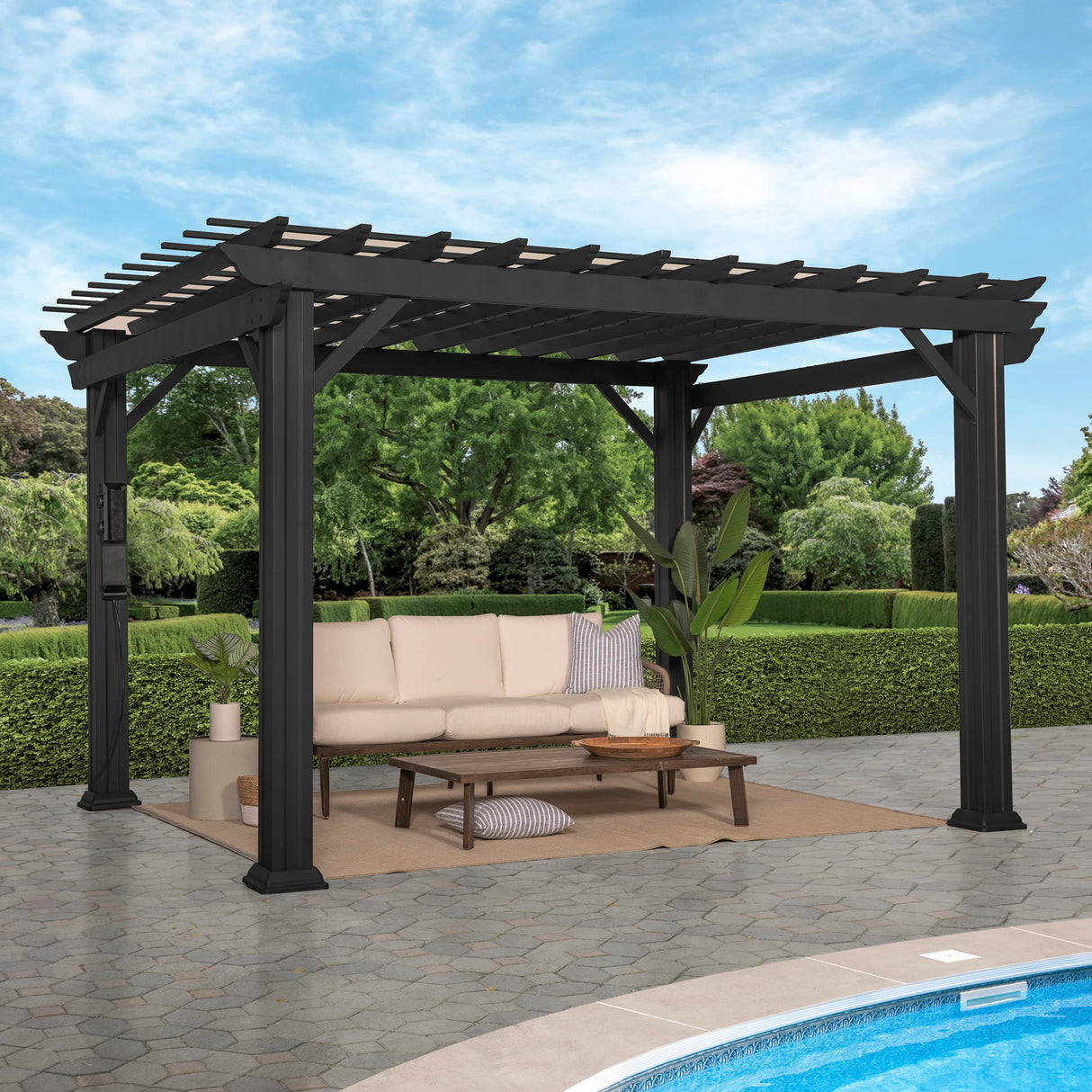Backyard Discovery Stratford 12' x 10' Traditional Galvanized Steel Pergola Kit with Shade Sail Canopy, Powder-Coated Finish, All-Season Durability, High-Wind Rating for Outdoor Patio, Deck, Garden Backyard Discovery
