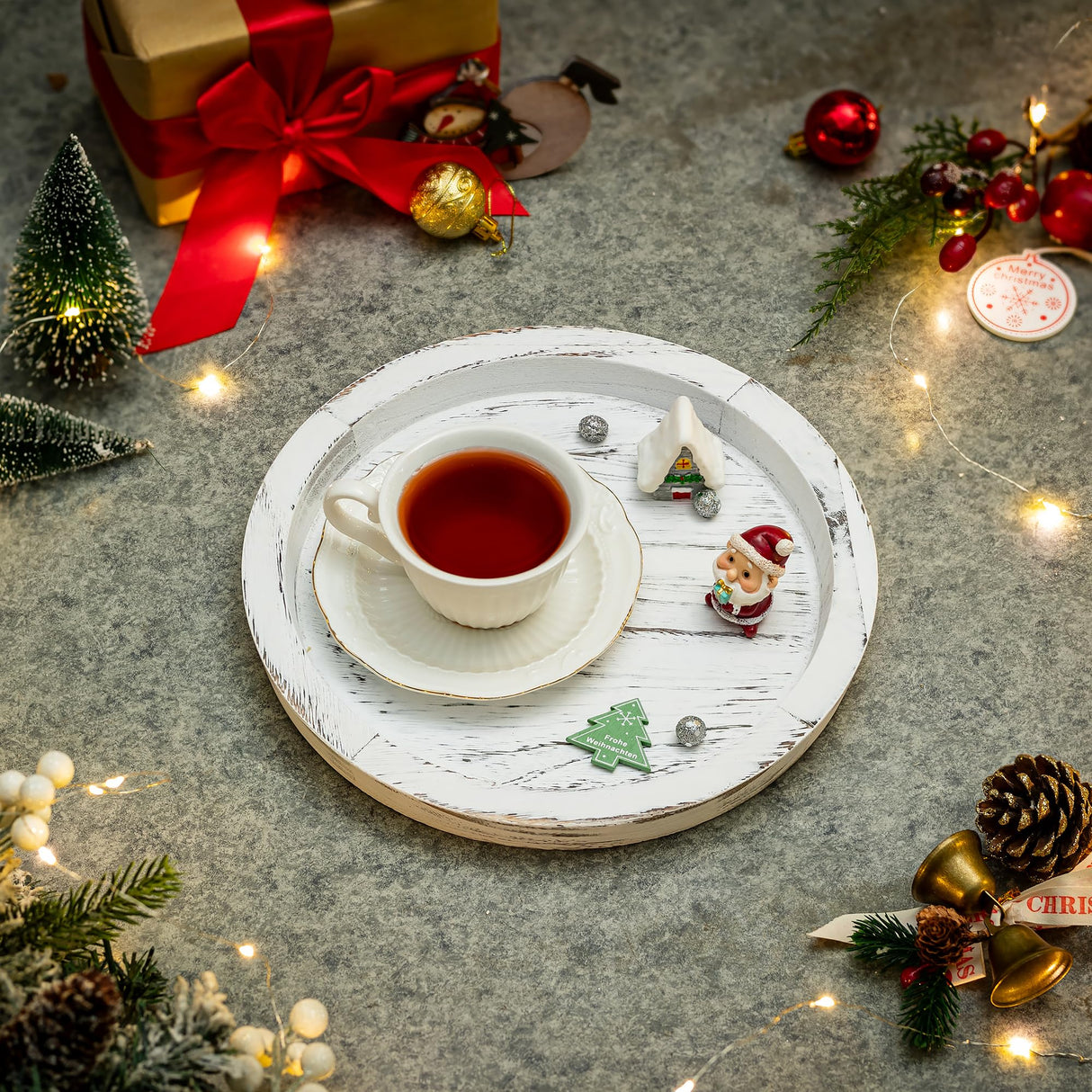 Hanobe Candle Plate Holder Tray: Round Wooden Decorative Candle Plate Small Farmhouse Table Centerpiece Rustic White Wood Tealight Pillar Trays for Home Decor Hanobe