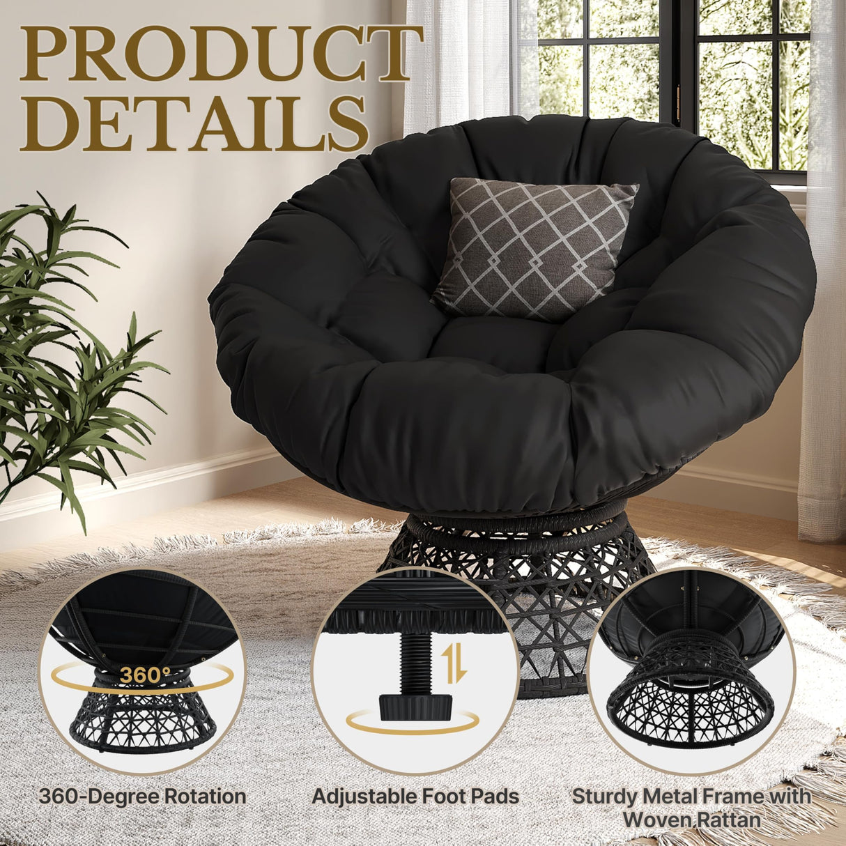 Yaheetech Indoor Papasan Chairs with Thick Tufted Cushions and Frame, Swivel Wicker Ergonomic Lounge Reading Chairs for Living Room/Bedroom, Black Yaheetech