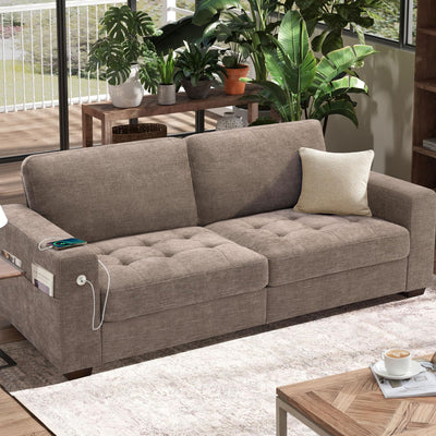 Hanherry Sofa for Living Room, Modern Comfy Sofa with Medium Firm Seat Cushion, Removable Cover,Wide Armrest,USB/Type-C Port,Chenille Fabric Couches for Small Space,Apartment (Brown, 89 inch)