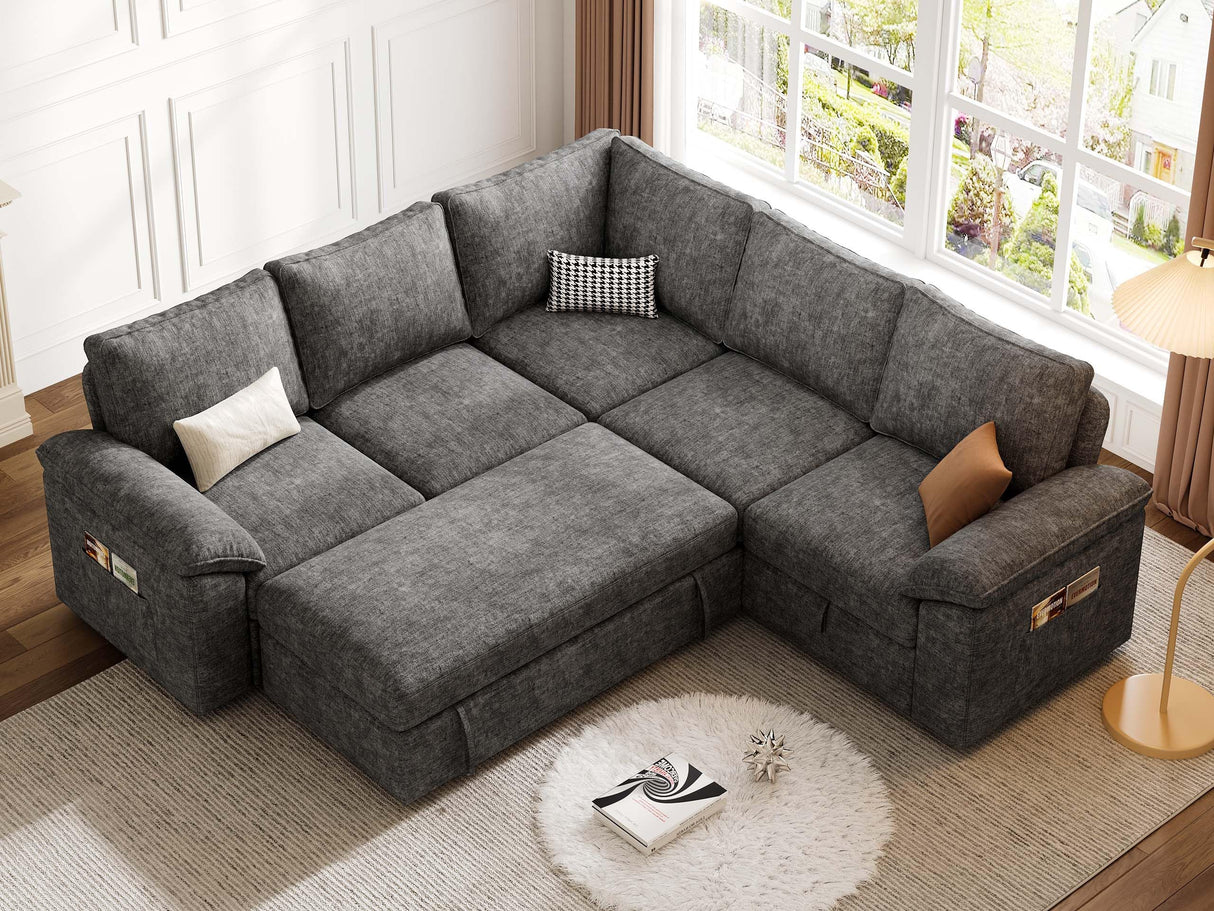 SUAWY 85 Inch Modular Sectional Sofa with Pull Out Bed,L Shaped 5 Seat Sectional Sleeper Sofa with Storage,Sectional Couches for Living Room,Cloud Modular Couch,Removable Sofa Cover,Dark Grey SUAWY