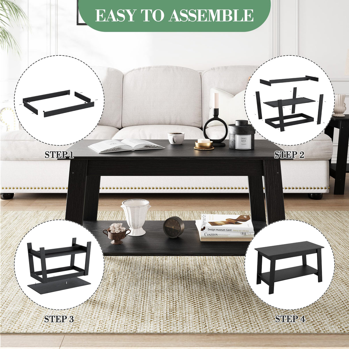 Hipicute Rustic Coffee Table with Dual Open Storage, Rectangular Wood Center Table for Living Room Bedroom Home Office, Sturdy Wooden Legs, Black Finish Hipicute