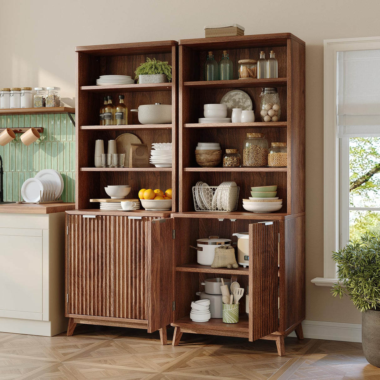 DurayLoly Tall Bookshelf with Doors, 6-Tier Bookcase with Adjustable Shelves & Storage,Fluted Cabinet Mid-Century Modern Wooden Book Shelf for Home Office, Living Room, Kitchen, Walnut DurayLoly