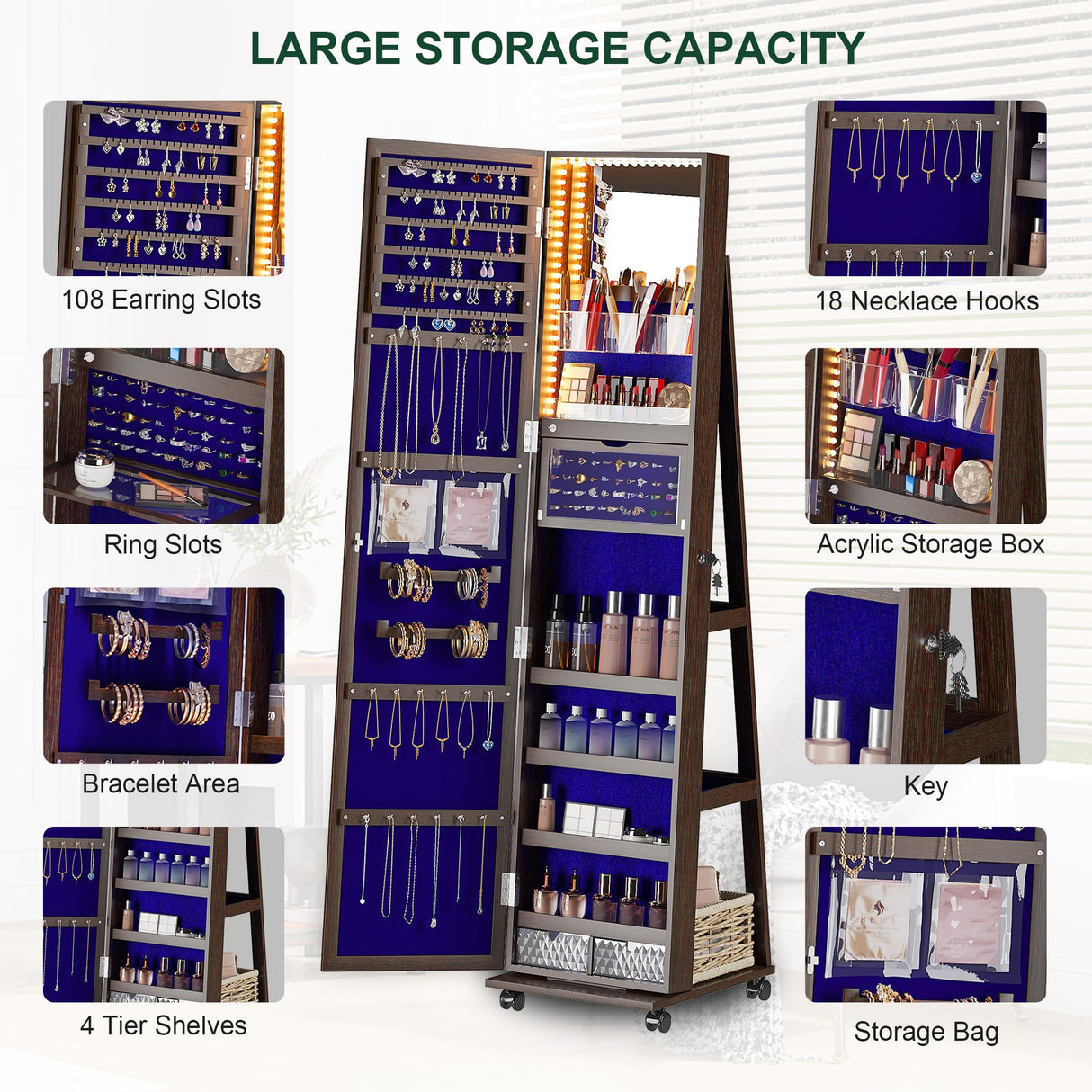 HNEBC 360° Rotating Jewelry Armoire with Lights, Lockable Mirror Jewelry Cabinet, Standing Full Length Mirror with Jewelry Storage, Large Jewelry Mirror Organizer, Wheels,Foldable Makeup Shelf (Brown) HNEBC