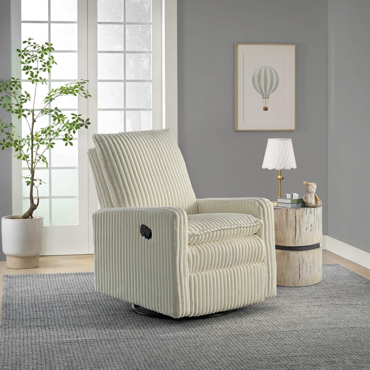 Oxford Baby Uptown Upholstered Swivel Glider and Recliner Nursery Chair - Corduroy, Pearl White Oxford Baby