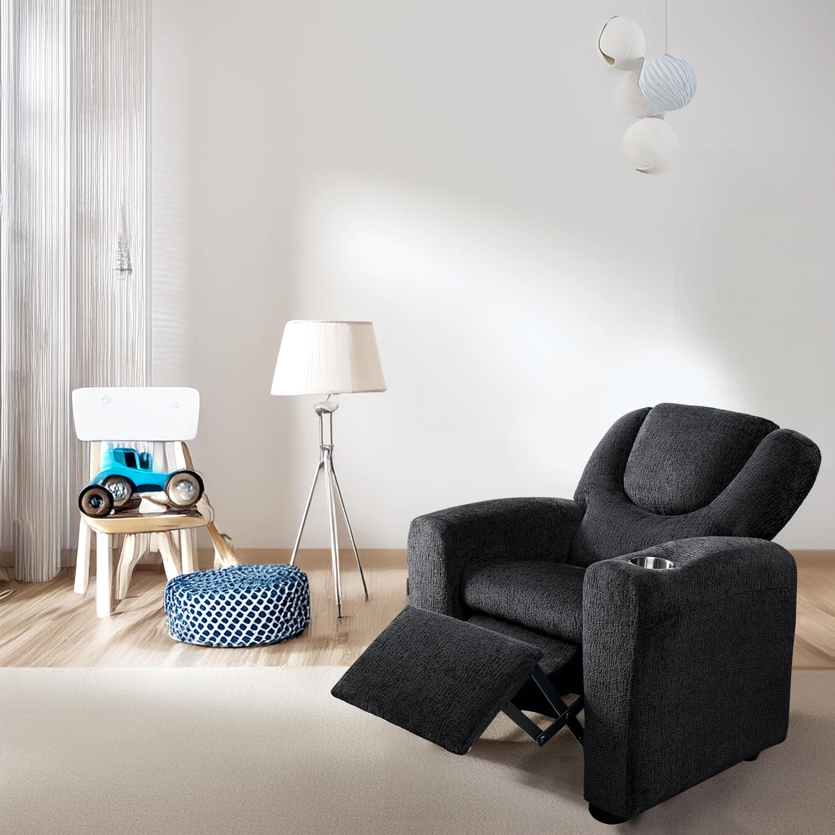 Naomi Home Suri Kids Recliner Chair with Cup Holder & Footrest, Black Chenille - Cozy Lounge for Toddlers & Children Naomi Home