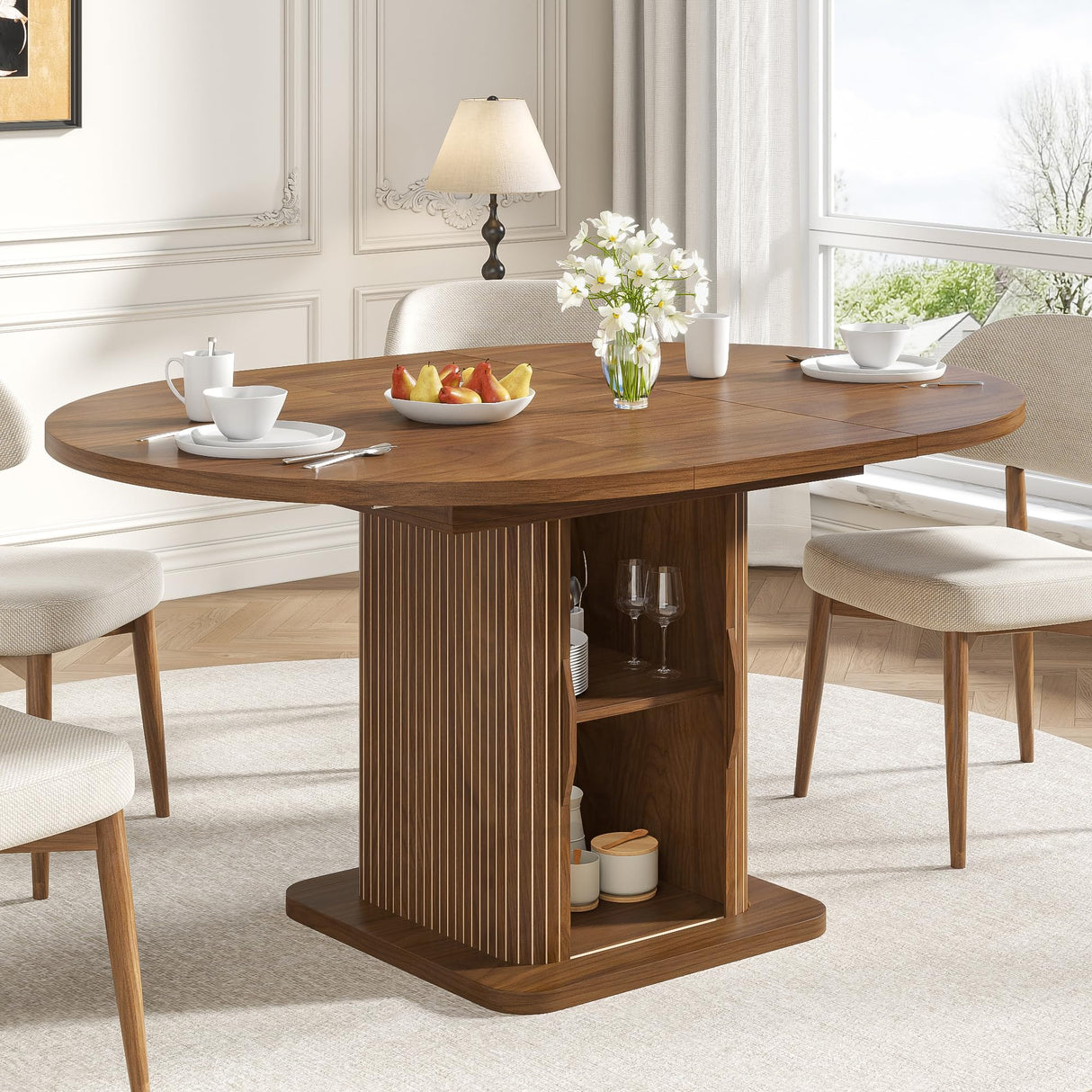 Extendable Round Dining Table for 4-6-8, 59 Inch Dining Room Kitchen Table with Storage, Fluted Wood Slide Door, Modern Oval Circle Dinner Furniture for Living Room, Farmhouse, Brown, Walnut Woemtoric