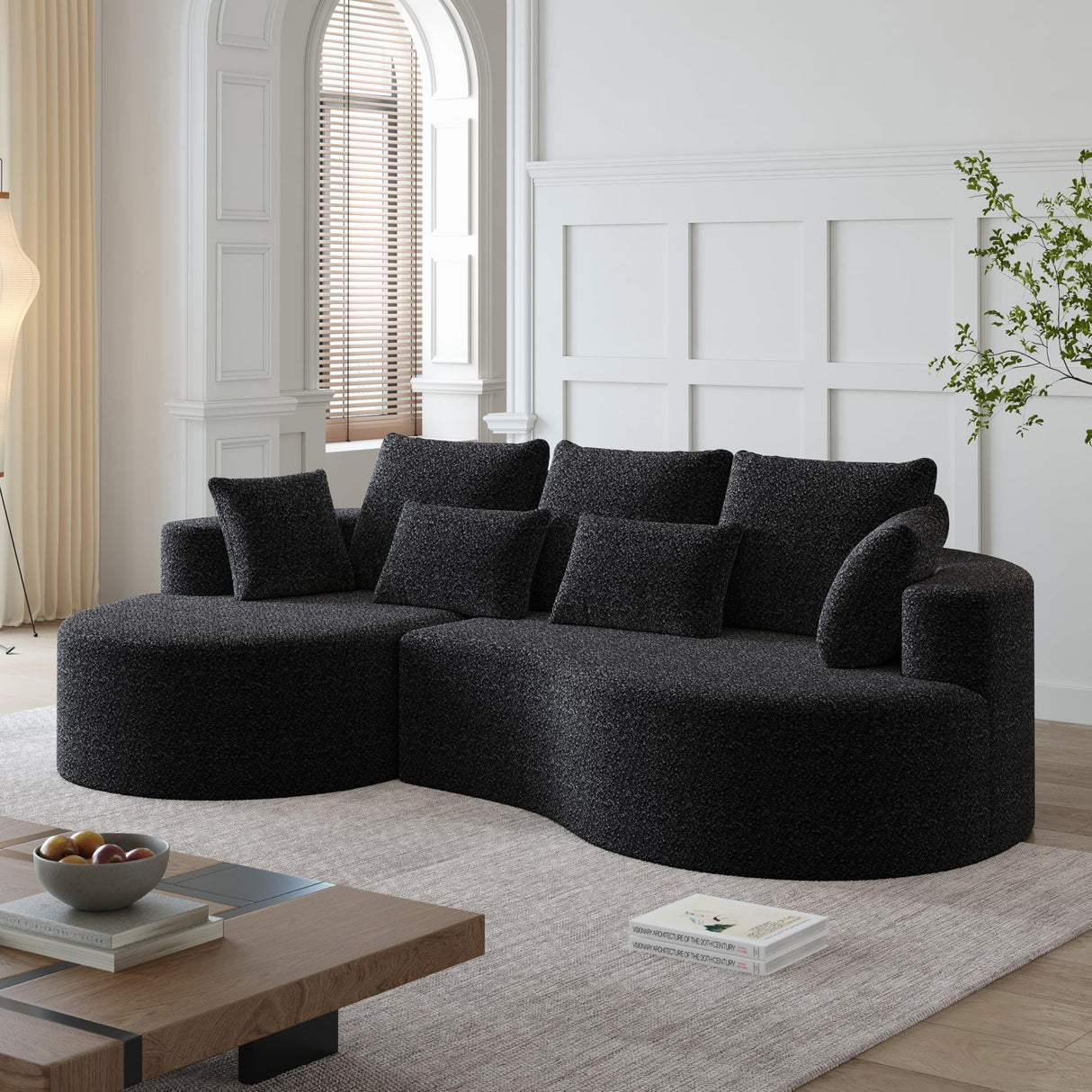 KEIKI 105" L Shaped Corner Couch with Chaise, Upholstered Curved Sectional Sofa, Chenille Sectional Couch for Living Room, Bedroom, Black KEIKI