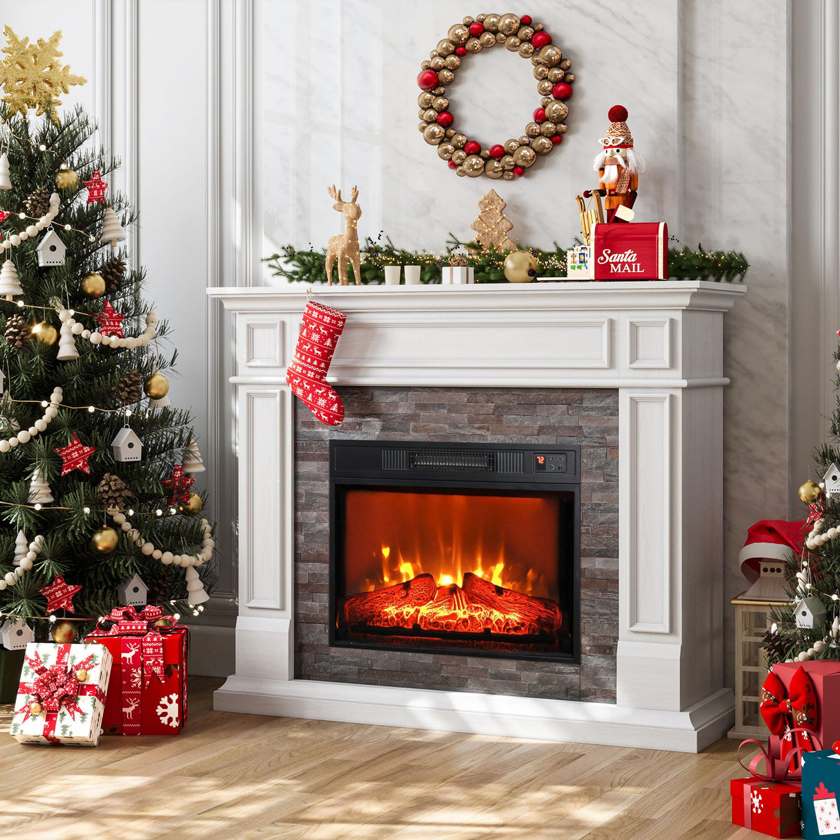 LGHM 44" Electric Fireplace with Mantel, Tall Fireplace Heater Freestanding, Realistic Stacked Stone Surround with Remote Control Timer LED Flame for Living Room,Bedroom… LGHM