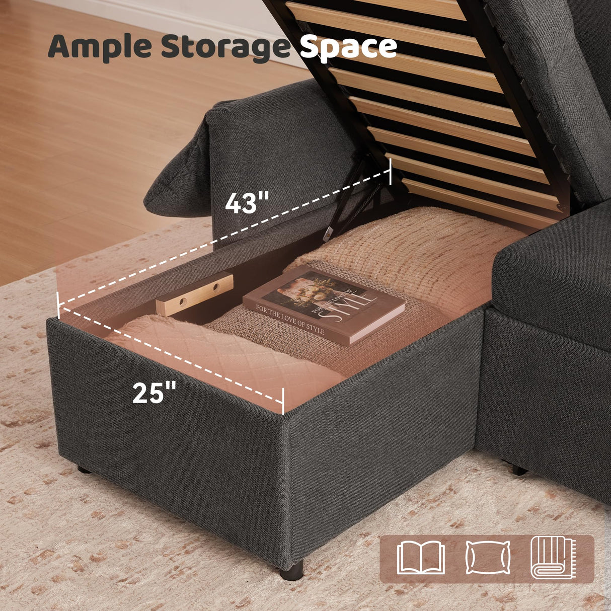 Tbfit Sleeper Sofa Couch with Pullout Bed, 83’’Sofa Bed Couch with Storage Chaise & USB, Egyptian Velvet Convertible Sleeper Sofa, Pull Out Sofa for Living Room, Dark Gray Tbfit