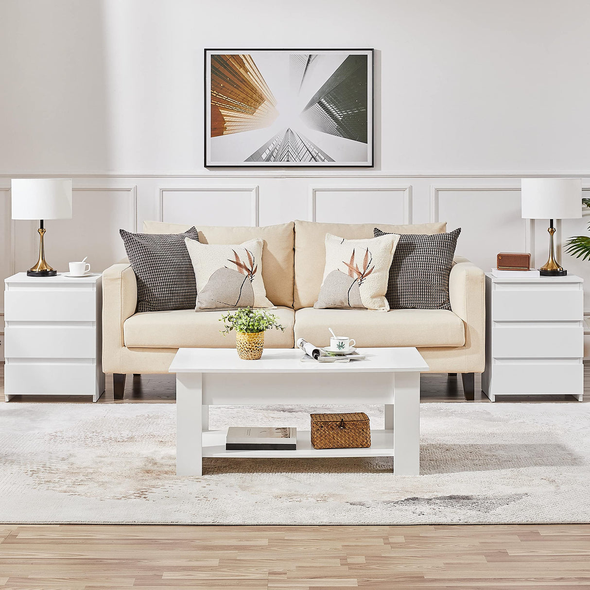 Yaheetech Wood Nightstands Set of 2, Bedside Tables with 3 Drawers, Solid Cabinet Units Telephone Tables with Storage Space for Bedroom/Small Space, White Yaheetech