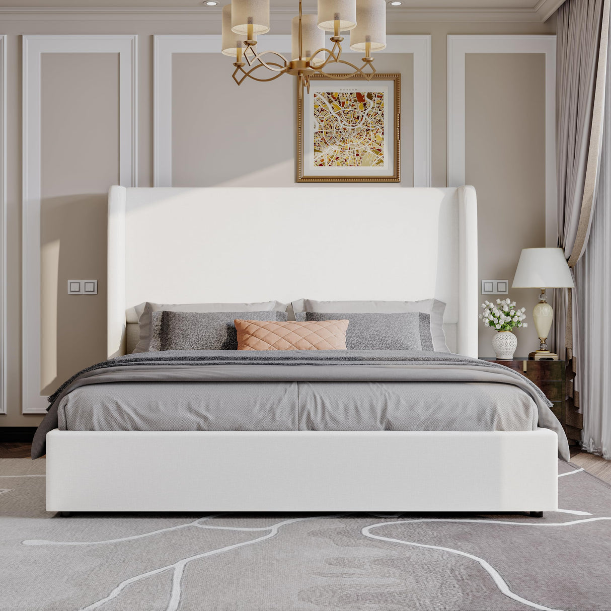 AMERLIFE Lift Up Storage Bed King Size Linen Upholstered Platform Bed Frame, Hydraulic Storage,Modern Wingback Headboard, No Box Spring Needed, White AMERLIFE