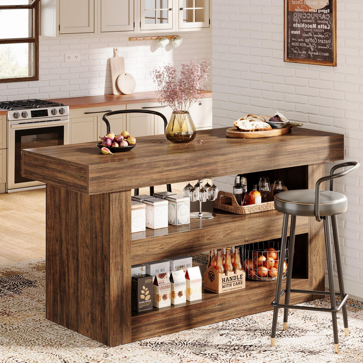 Tribesigns 55-Inch Kitchen Island with Storage, Farmhouse 3-Tier Stationary Island Table with Large Countertop, Wooden Coffee Bar Table Storage Cabinet for Kitchen, Dining Room, Living Room, Brown Tribesigns