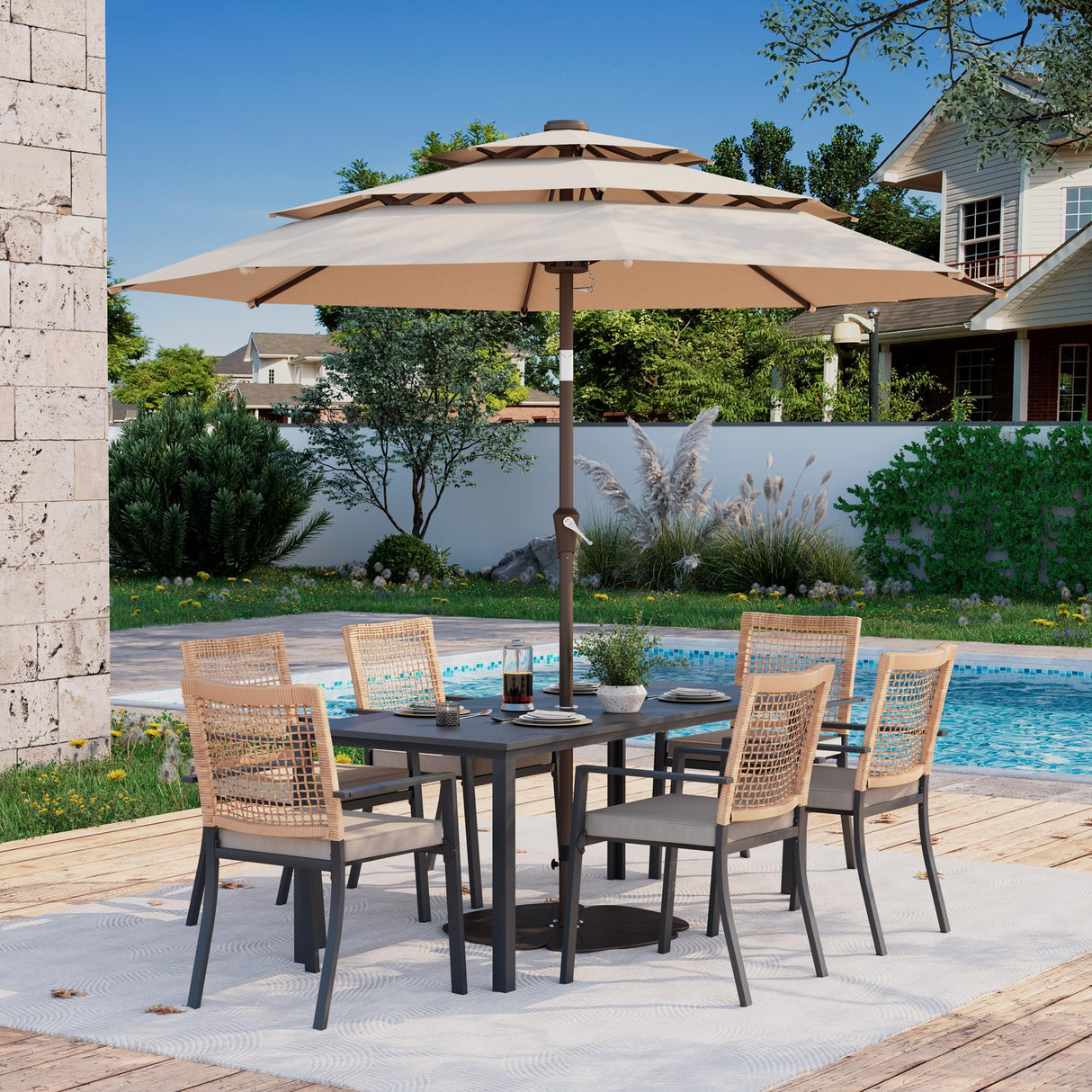 Kingdura 7 Piece Patio Dining Sets, Outdoor Furniture Set of 6 Ratten Wicker Chairs with Cushions and Dining Table with Umbrella Hole, All-Weather Outdoor Furniture Conversation Set for Backyard Kingdura